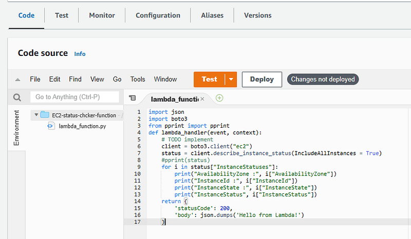Monitoring EC2 instance status using AWS Lambda and Boto Library